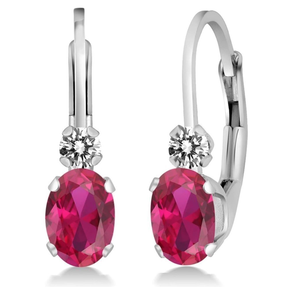 18K White Gold with 1.07 Cttw Ruby and White Diamond Leverback Drop Earrings